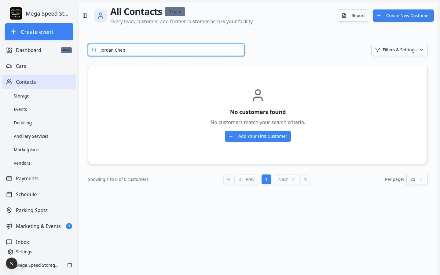 Contacts list filtered to show a newly created customer in the table