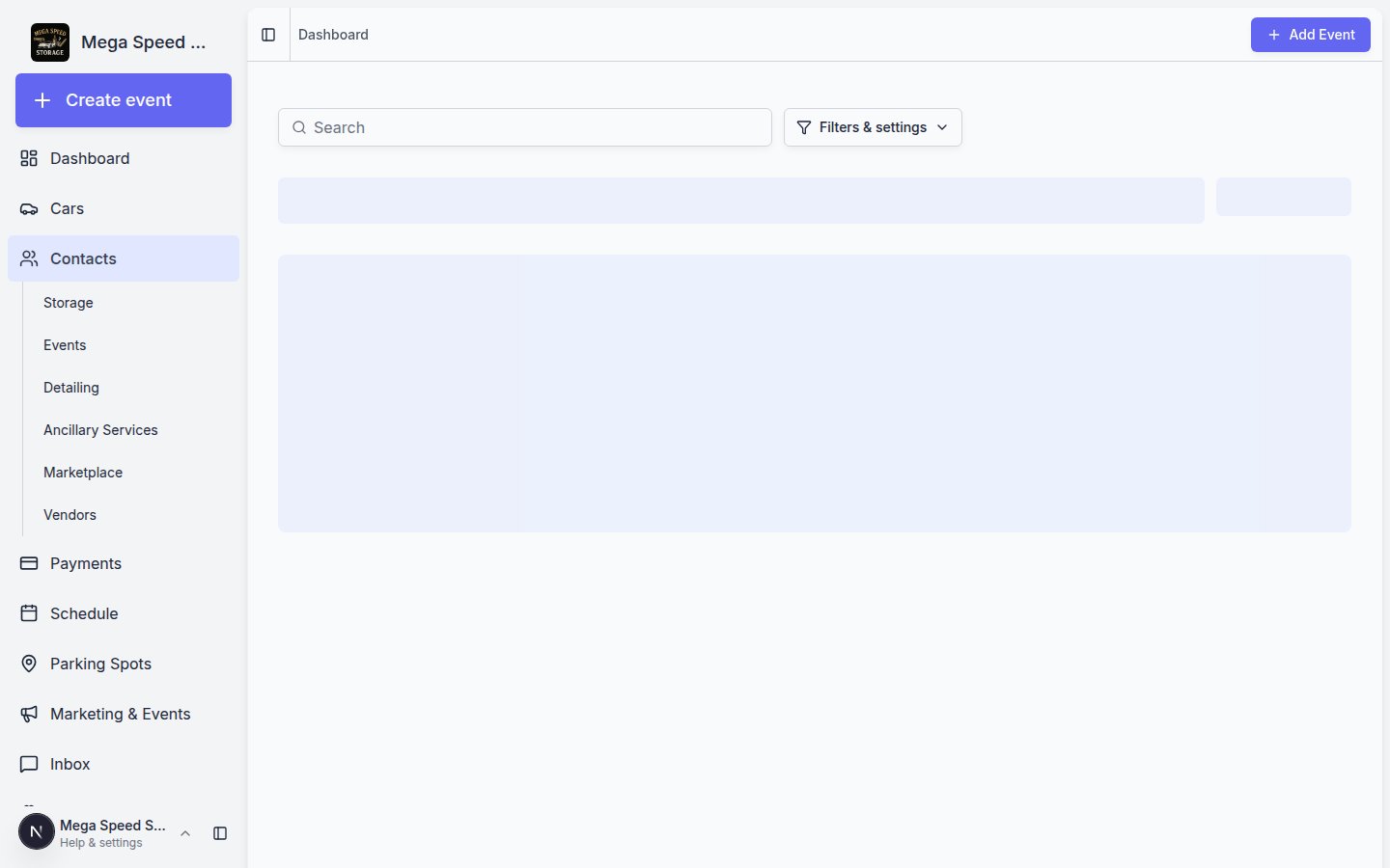 All Contacts page in the dashboard showing the customer table, type tabs such as Storage and Events, and columns for name, email, phone, cars, and CRM stage
