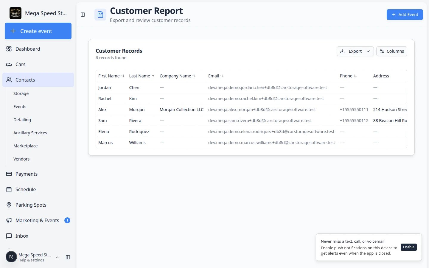 Customer Report Columns menu open showing checkboxes for Portal Access, In Stripe, Payment Method, and other fields