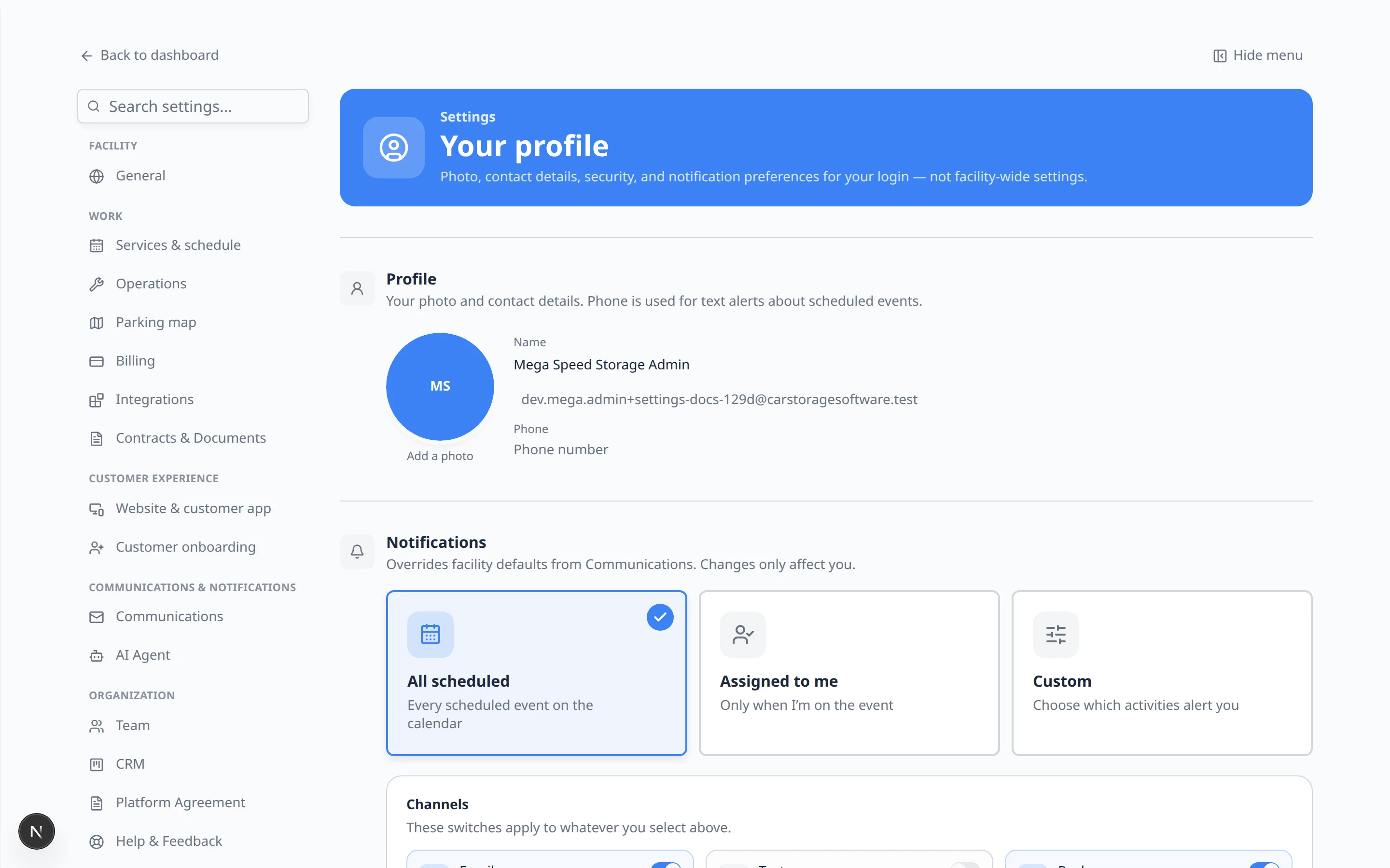 Your profile settings showing a photo, name, email, phone field, and notification cards labeled All scheduled, Assigned to me, and Custom