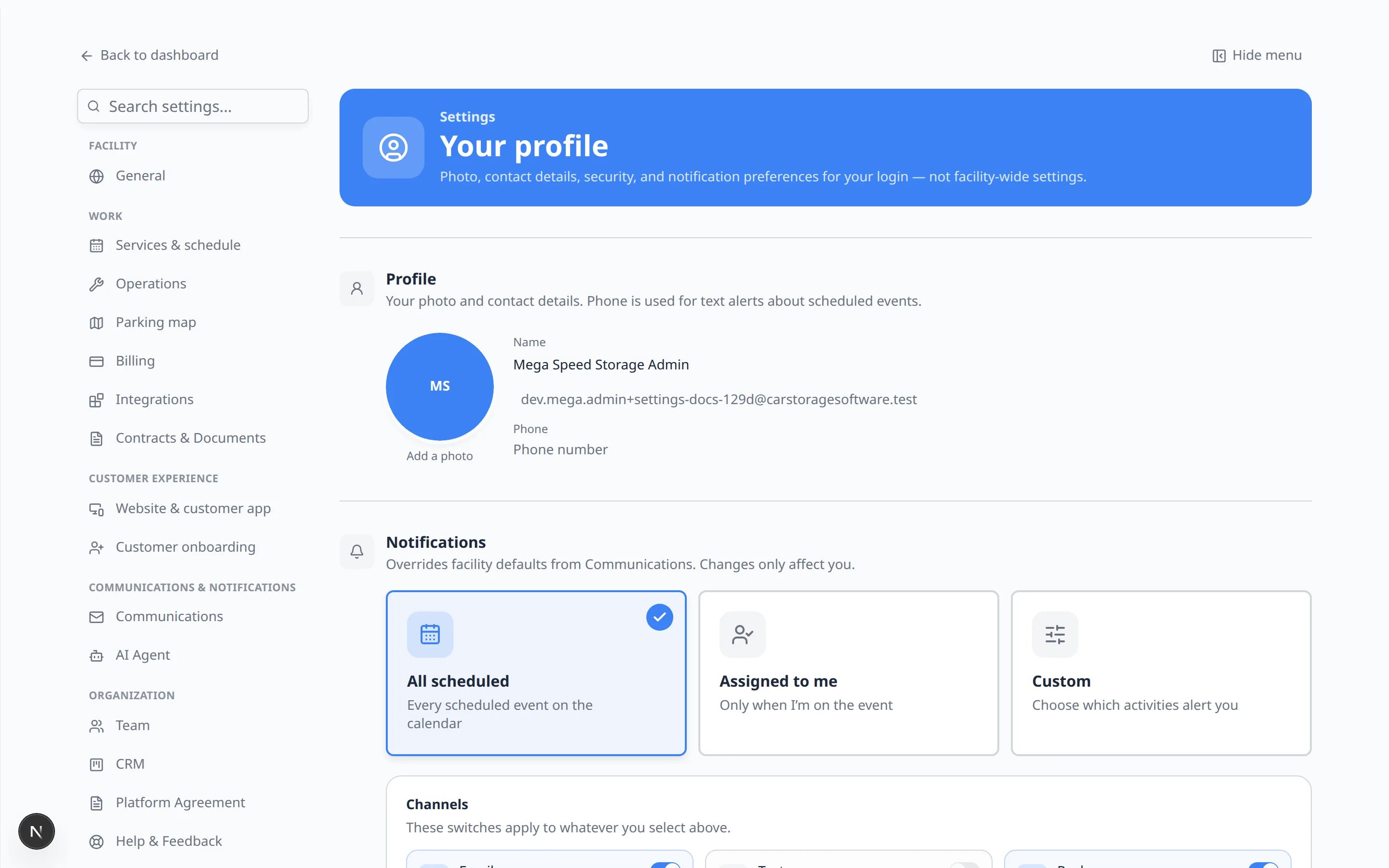 Your profile settings showing a photo, name, email, phone field, and notification cards labeled All scheduled, Assigned to me, and Custom