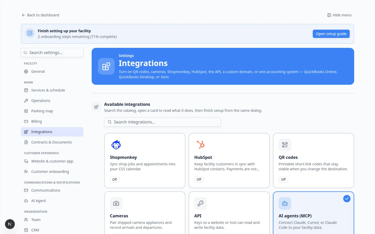 Integrations catalog with the AI agents (MCP) card highlighted after it is turned on