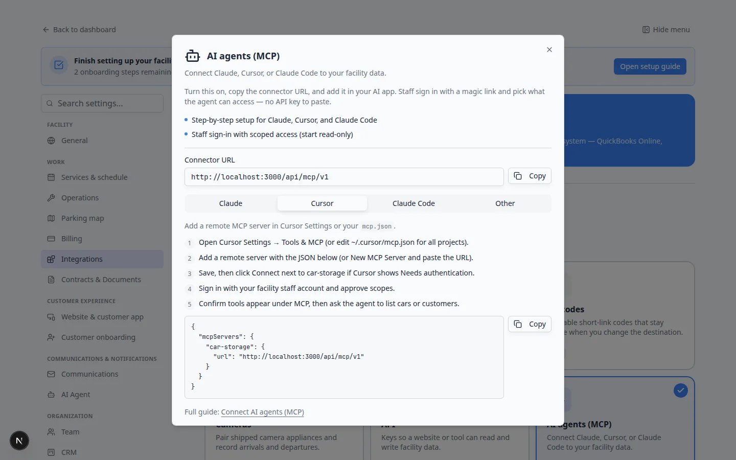 AI agents (MCP) window on the Cursor tab with setup steps and a copyable configuration example