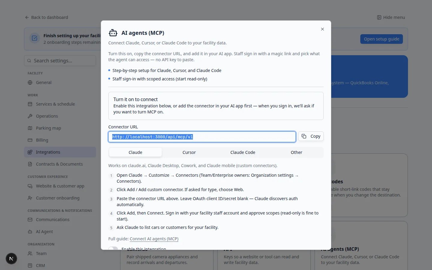 AI agents (MCP) window with Turn it on to connect, Connector URL, Claude steps, and Enable this integration switch