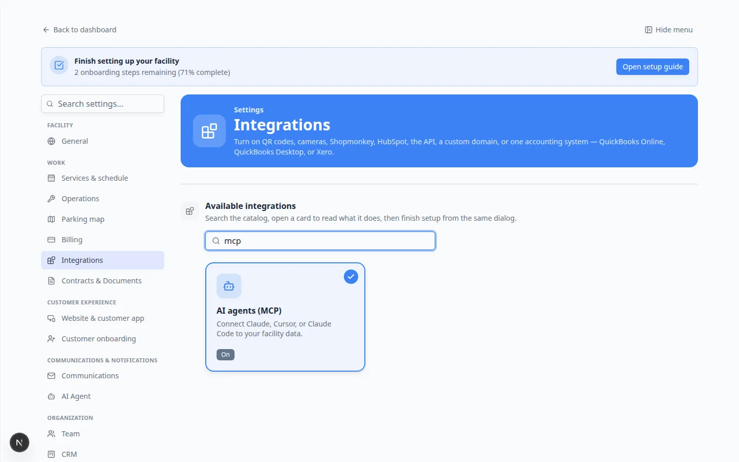 Integrations search box with mcp typed, showing only the AI agents (MCP) card labeled On