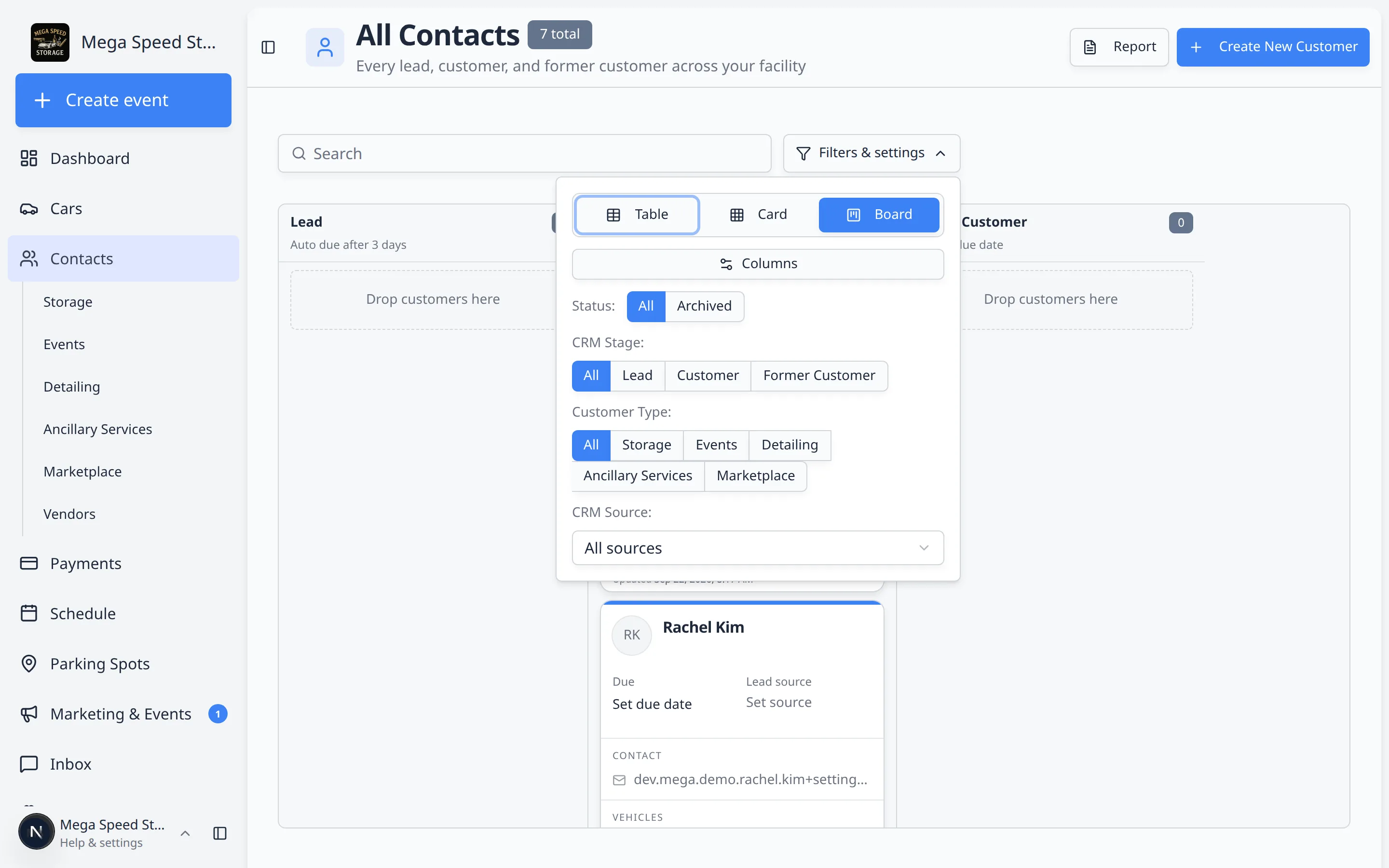 Contacts page with Filters and settings open, Board view selected, and CRM stage filters for Lead, Customer, and Former Customer