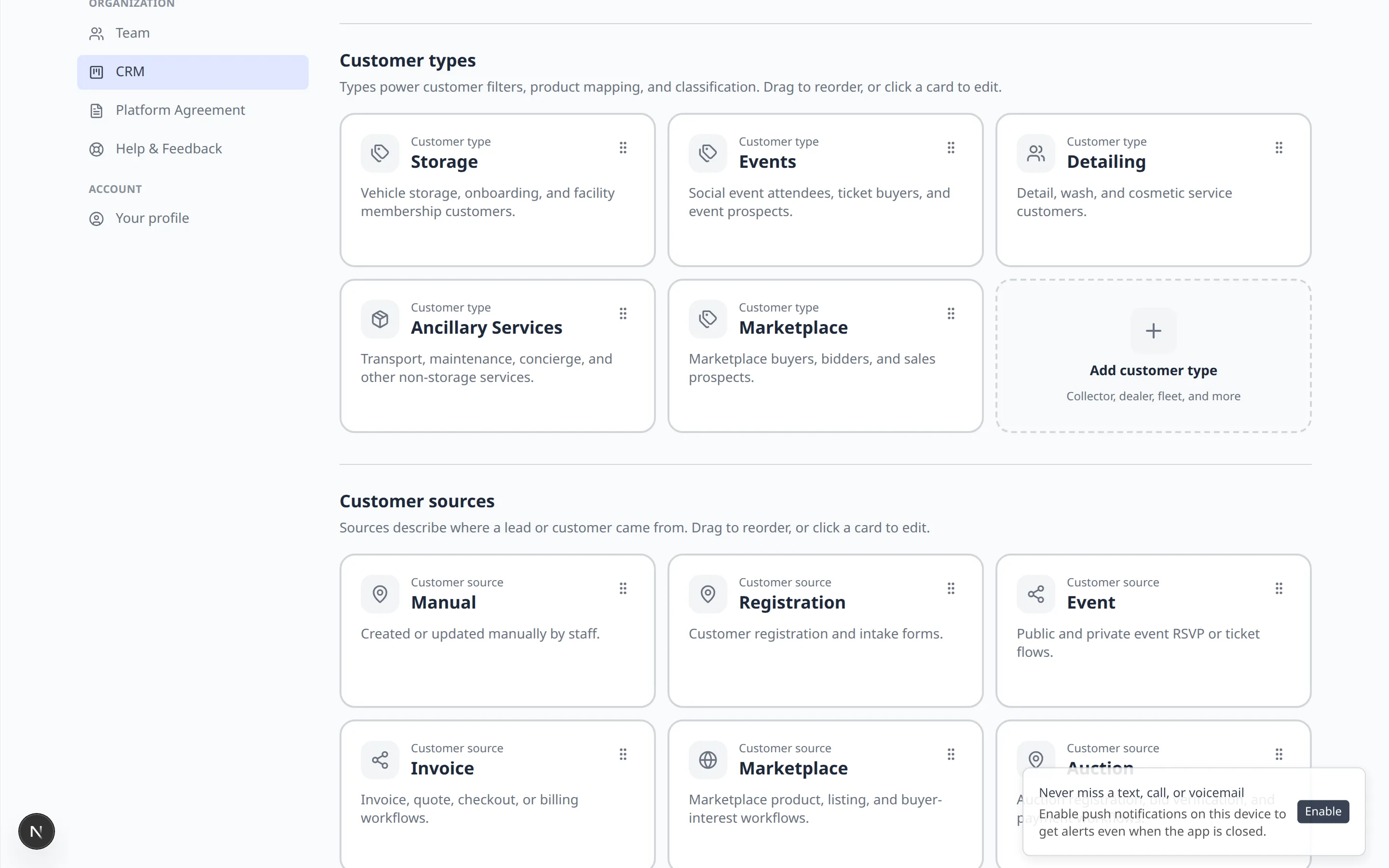 CRM settings Customer types cards for Storage, Events, Detailing, Ancillary Services, and Marketplace, plus Customer sources below