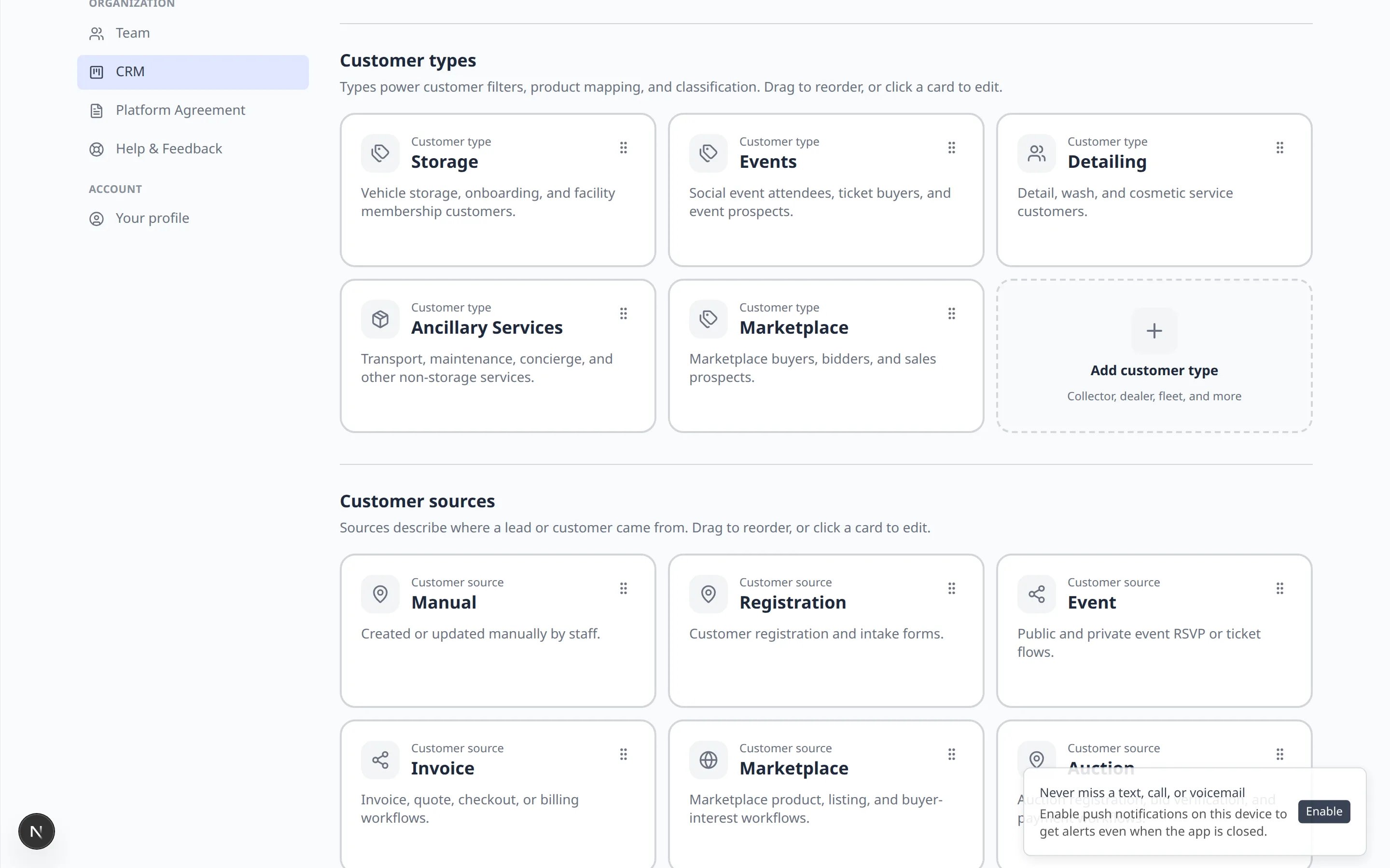 CRM settings Customer types cards for Storage, Events, Detailing, Ancillary Services, and Marketplace, plus Customer sources below