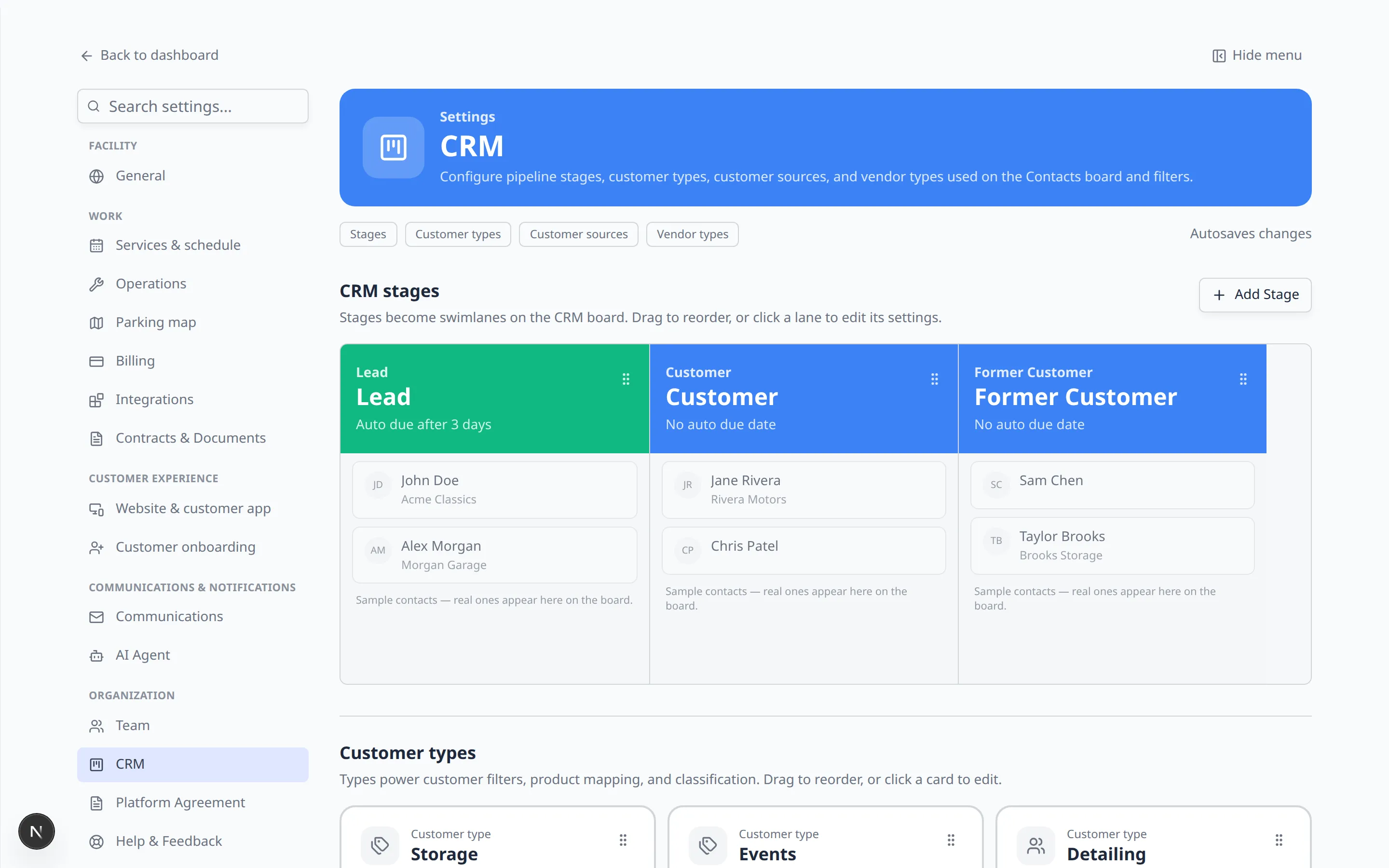 CRM settings showing Lead, Customer, and Former Customer columns with sample contacts, an Add Stage button, and Customer types for Storage, Events, and Detailing