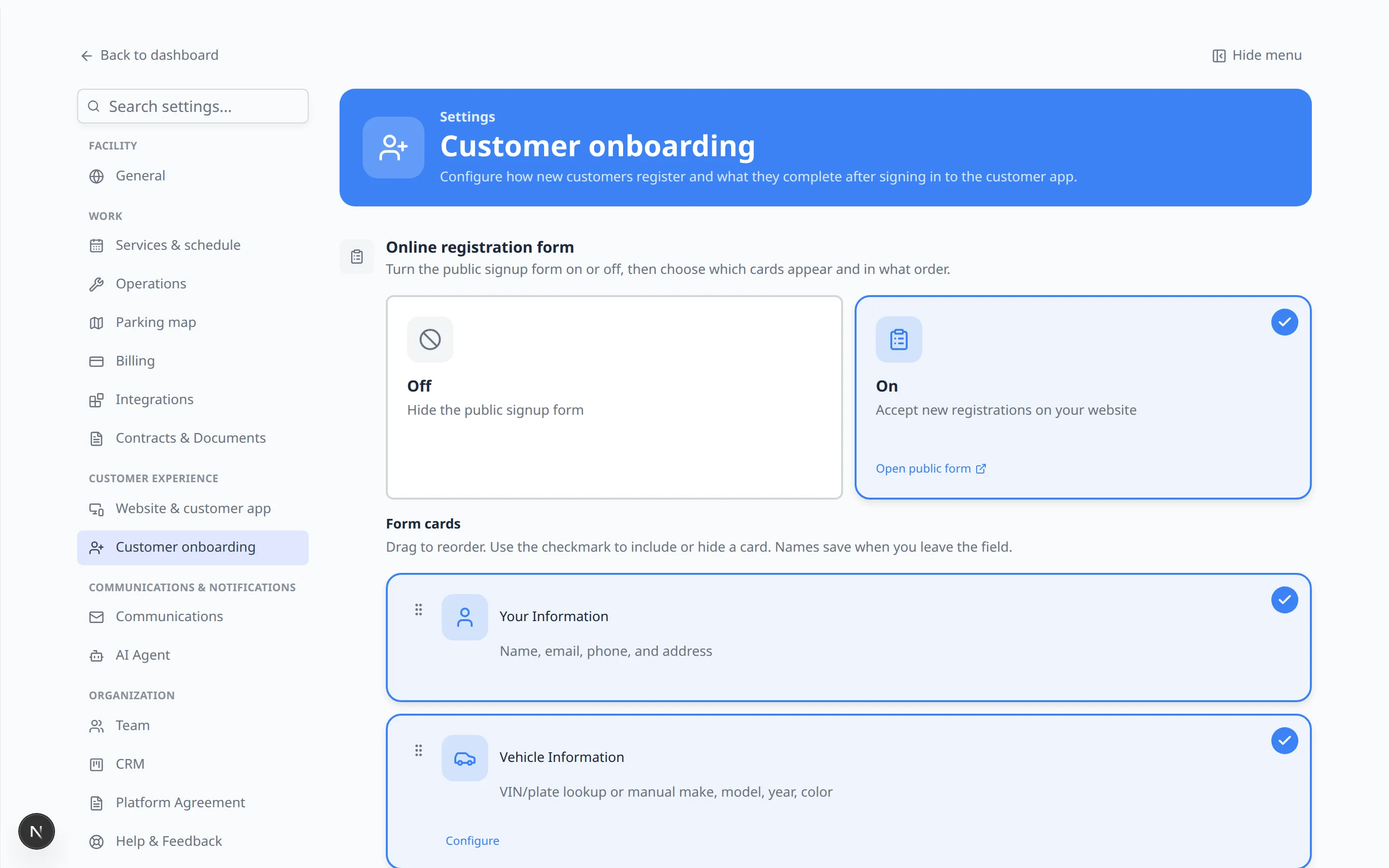 Customer onboarding settings with Online registration form set to On, plus Form cards for Your Information and Vehicle Information