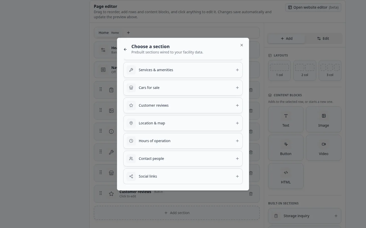 Choose a section dialog listing Location and map, Hours of operation, Contact people, and Social links