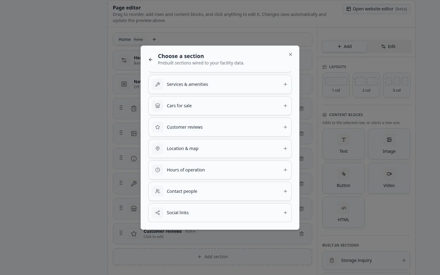 Choose a section dialog listing Location and map, Hours of operation, Contact people, and Social links