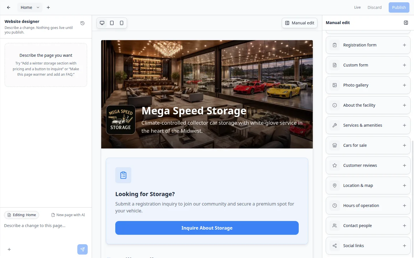 Website editor Manual edit Add tab listing built-in sections such as Location and map, Hours of operation, Contact people, and Social links