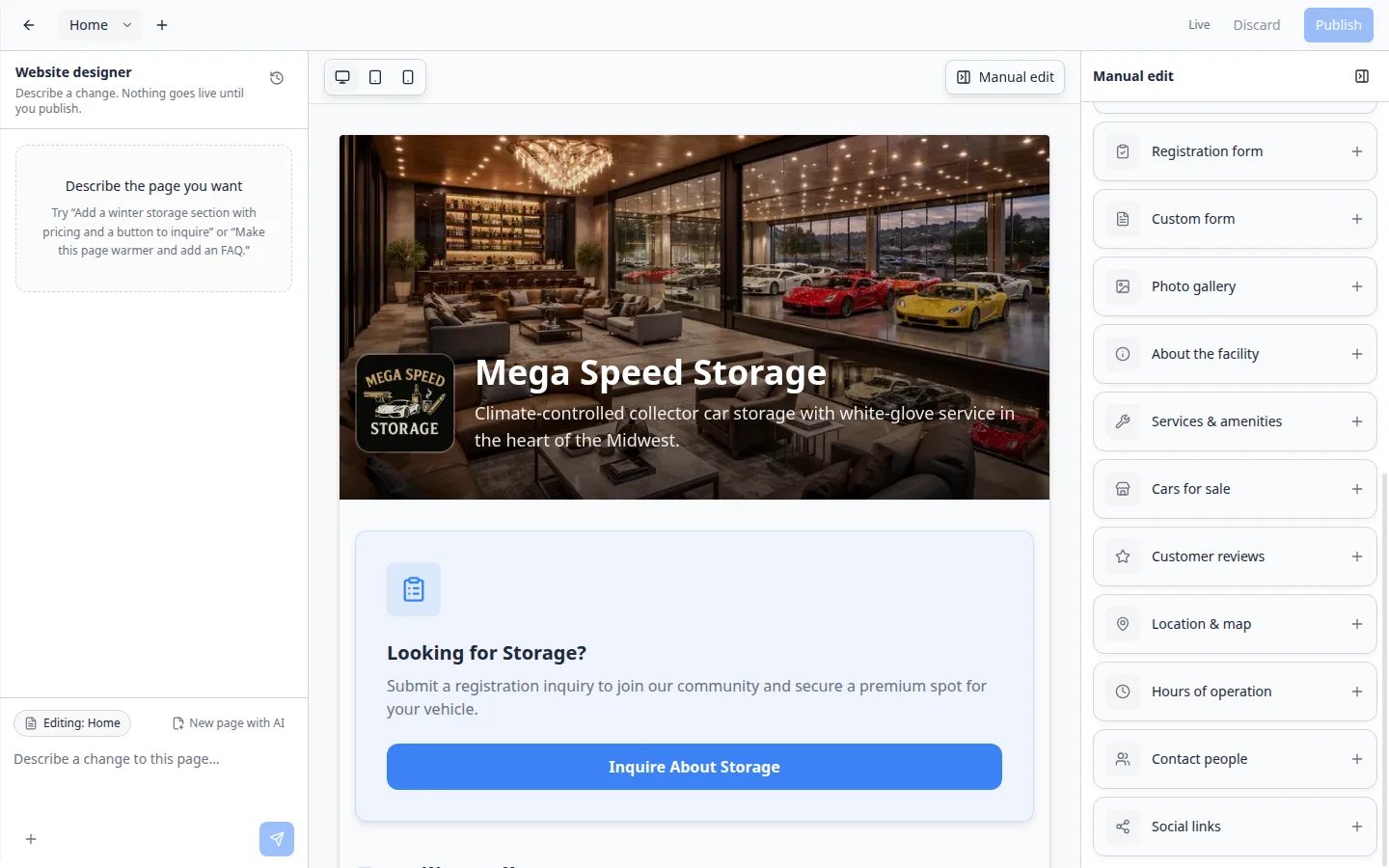 Website editor Manual edit Add tab listing built-in sections such as Location and map, Hours of operation, Contact people, and Social links