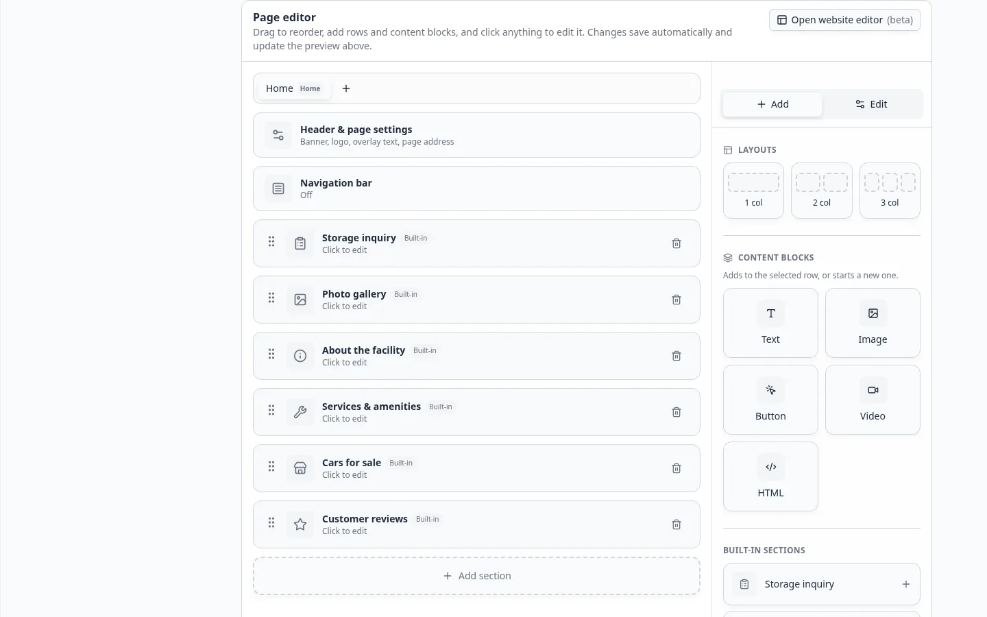 Page editor card on Website settings with Open website editor (beta) at the top right