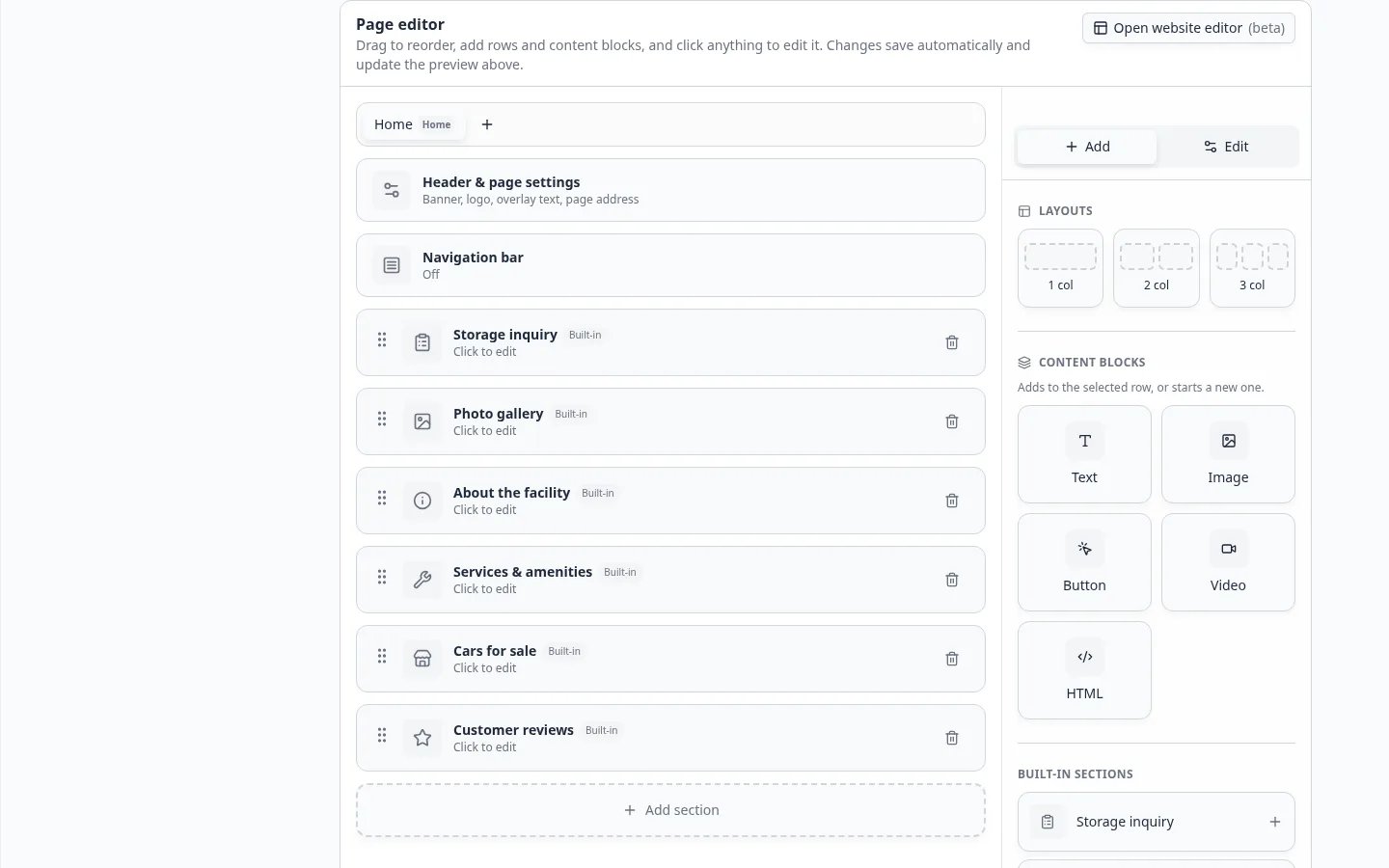 Page editor card on Website settings with Open website editor (beta) at the top right