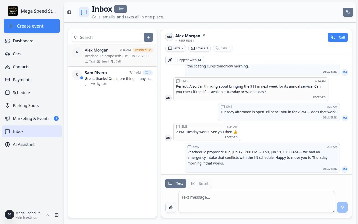 Inbox page showing the Quick call phone icon in the header and the Call button on the selected customer conversation