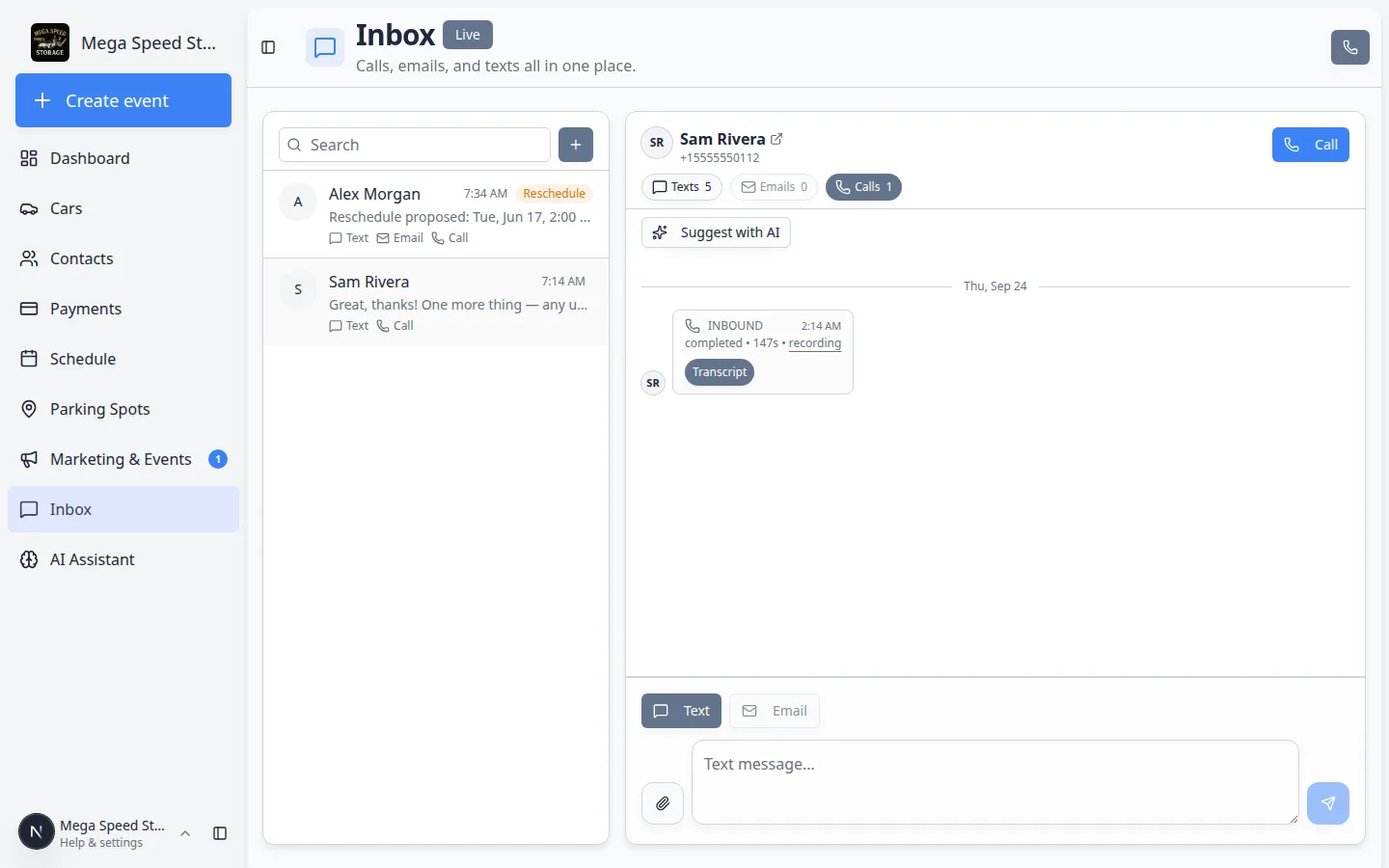 Inbox conversation with the Calls filter selected showing inbound or outbound call history in the timeline