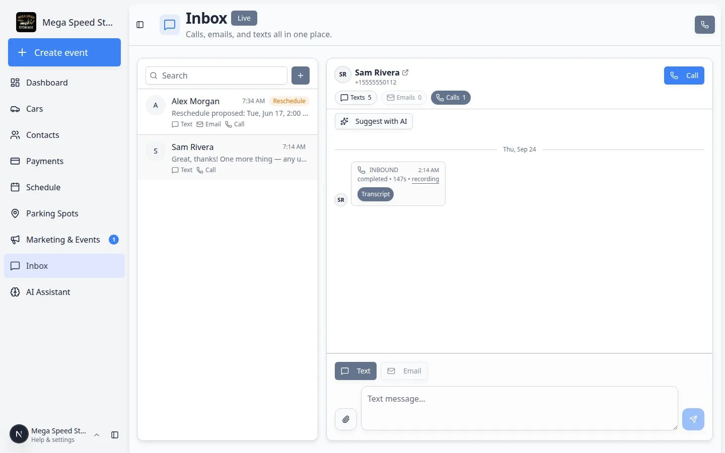 Inbox conversation with the Calls filter selected showing inbound or outbound call history in the timeline