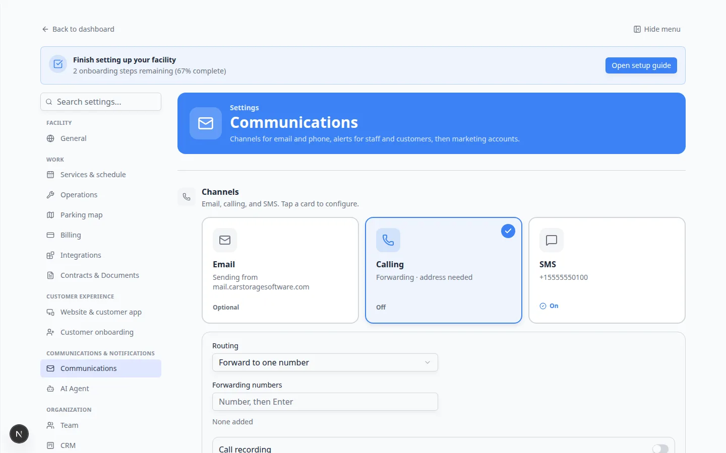 Communications Channels section with the Calling card selected showing Off and a note that an address is needed