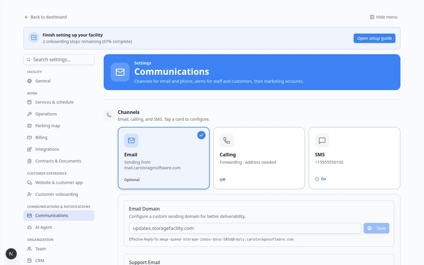 Communications Channels section with the Email card selected showing Optional and the shared sending domain