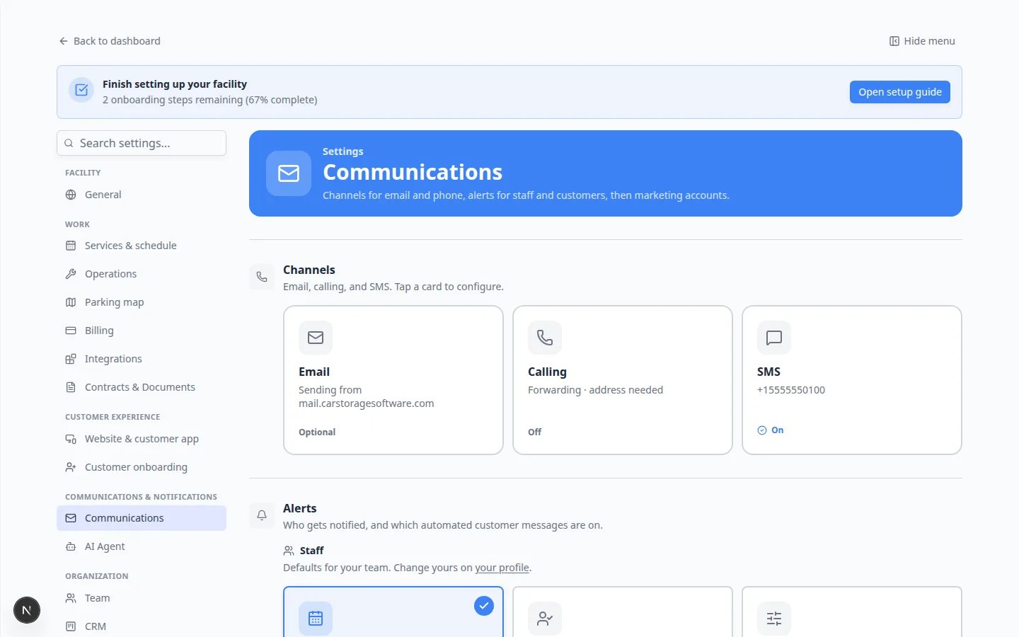 Settings Communications page showing Channels cards for Email, Calling, and SMS plus the Alerts section