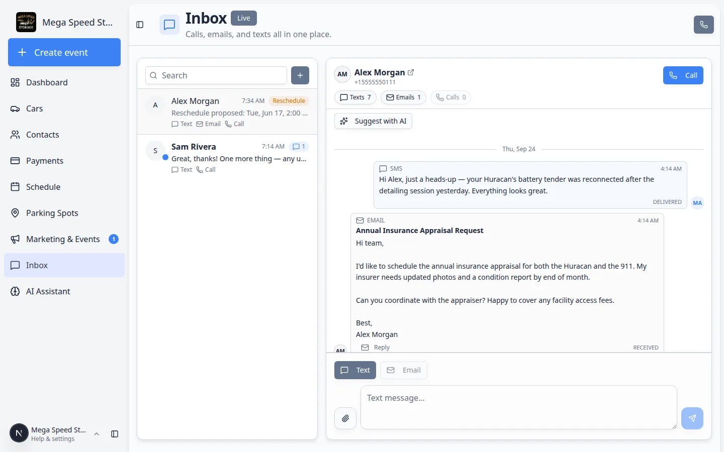 Inbox conversation for a customer with the Call button next to Texts, Emails, and Calls filters