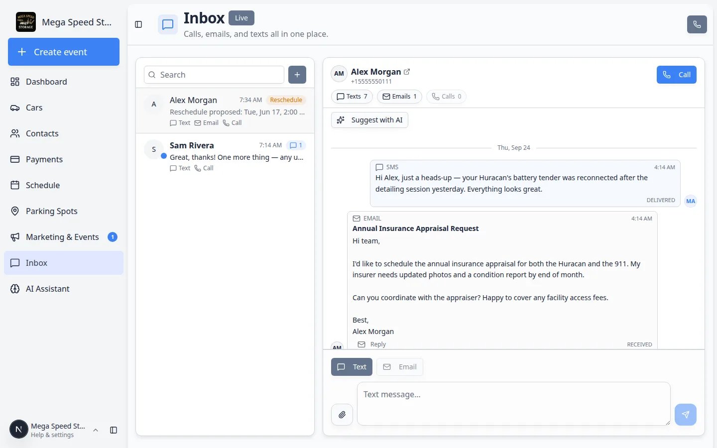 Inbox page showing a conversation list on the left, a selected customer conversation on the right, and a Live badge in the page header