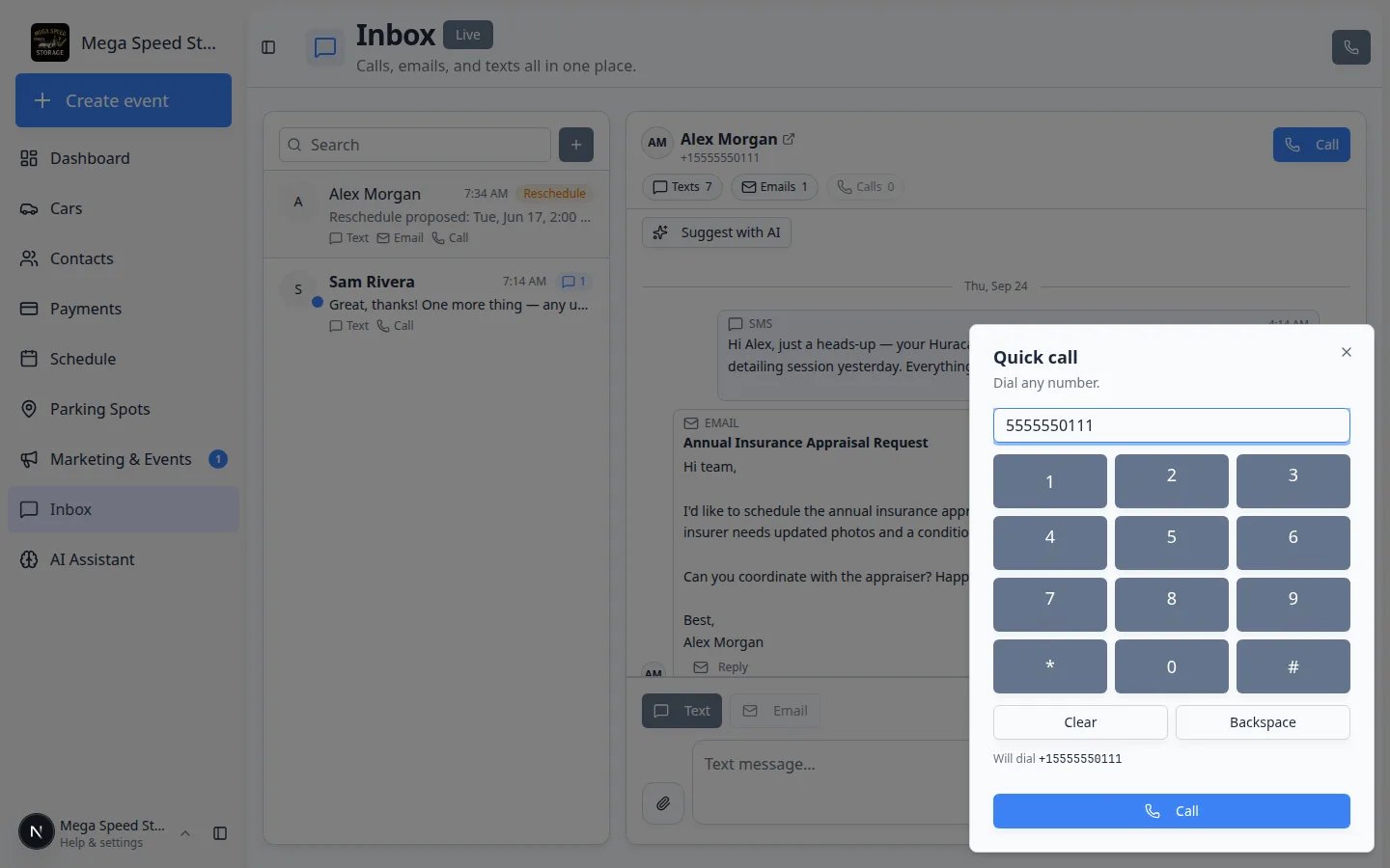 Quick call dialog titled Quick call with Dial any number, a phone field, numeric pad, Clear, Backspace, Will dial, and a Call button