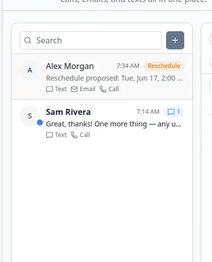 Close-up of the Inbox conversation list showing bold unread customer names, blue dots, Text and Email channel badges, and an orange Reschedule badge