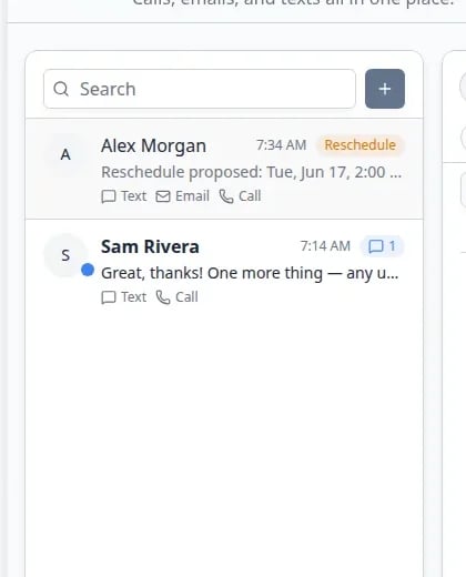 Close-up of the Inbox conversation list showing bold unread customer names, blue dots, Text and Email channel badges, and an orange Reschedule badge