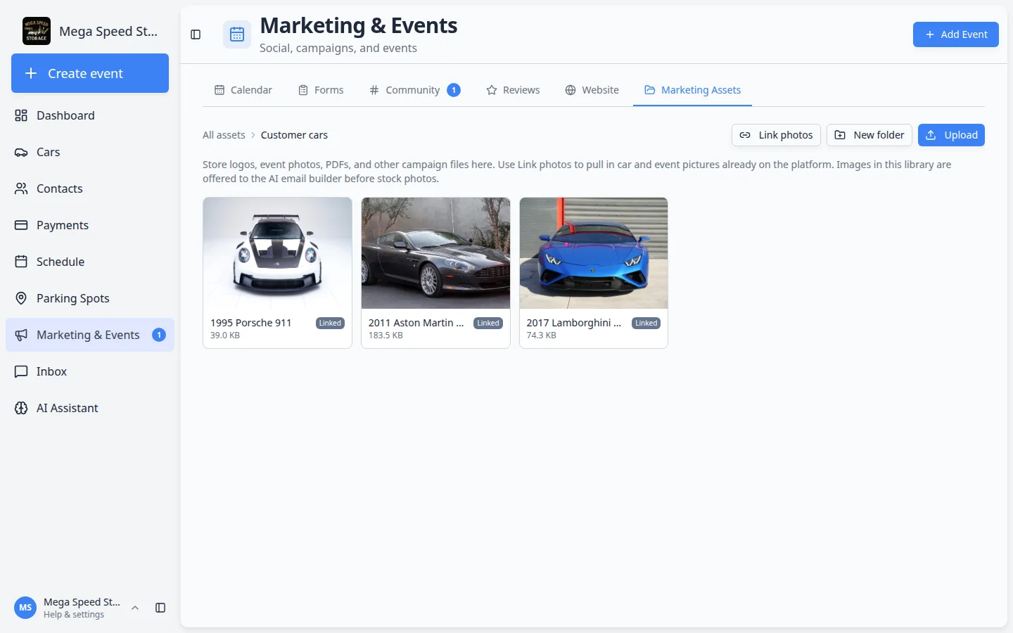 Customer cars folder showing linked Porsche, Aston Martin, and Lamborghini photos
