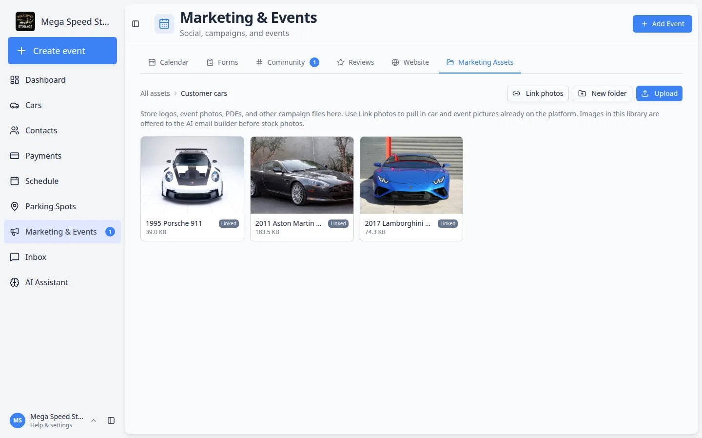 Customer cars folder showing linked Porsche, Aston Martin, and Lamborghini photos