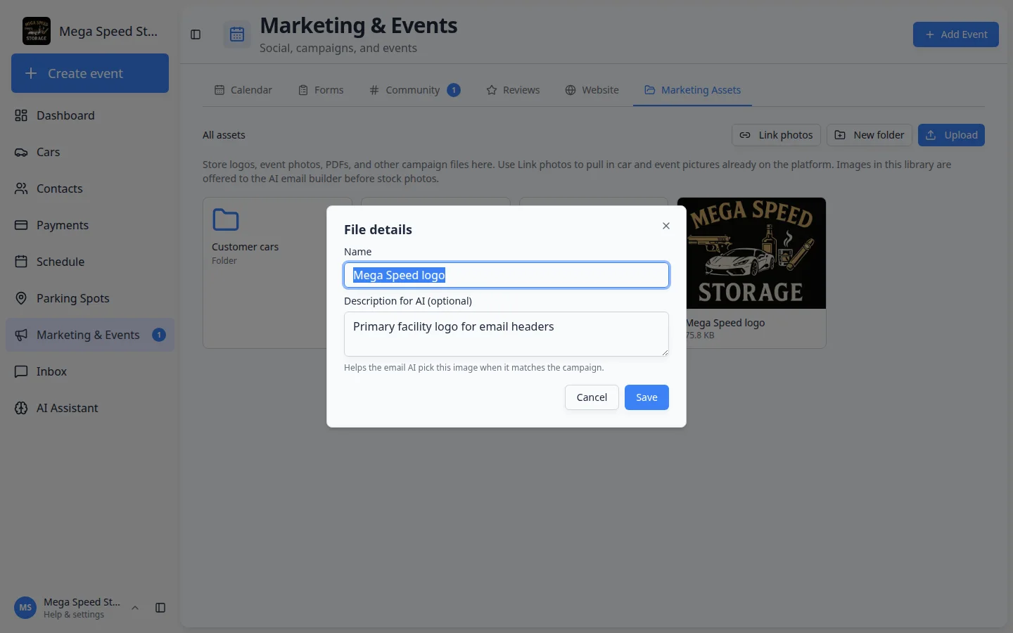 File details dialog showing Name Mega Speed logo and Description for AI about the facility logo