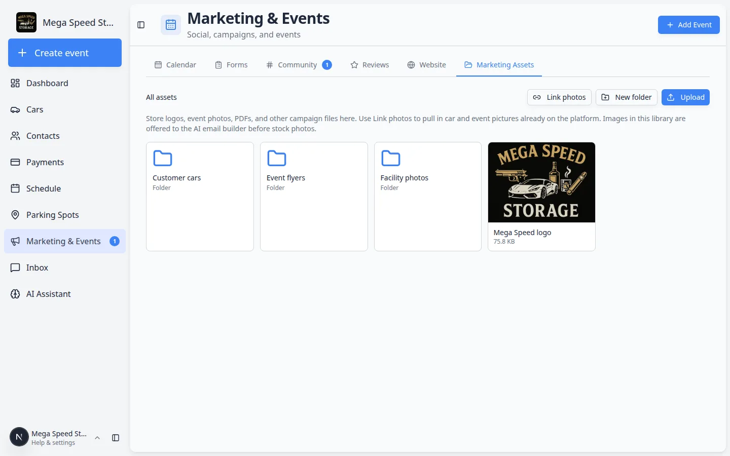 Marketing Assets library showing Customer cars, Event flyers, and Facility photos folders plus a Mega Speed logo file