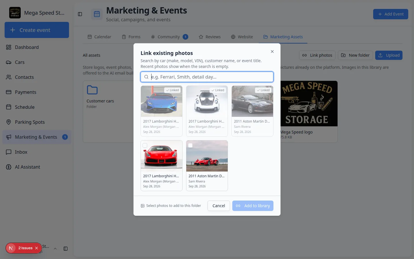 Link existing photos dialog showing searchable car photos with Linked badges and an Add to library button