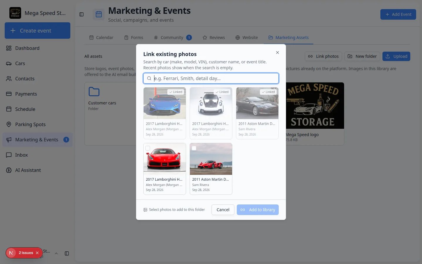 Link existing photos dialog showing searchable car photos with Linked badges and an Add to library button