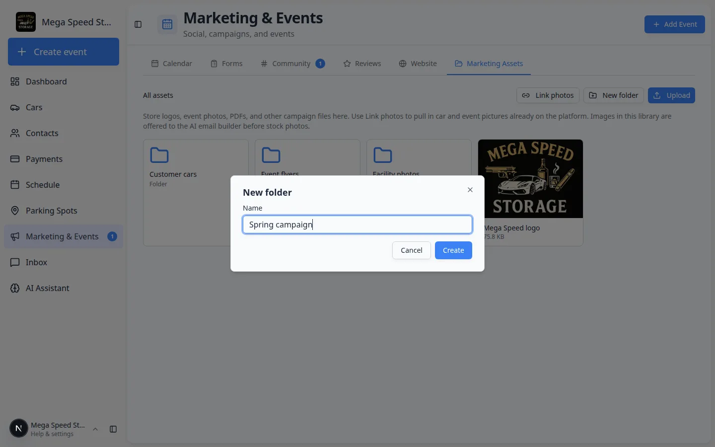 New folder dialog with Name field filled in as Spring campaign and Cancel and Create buttons