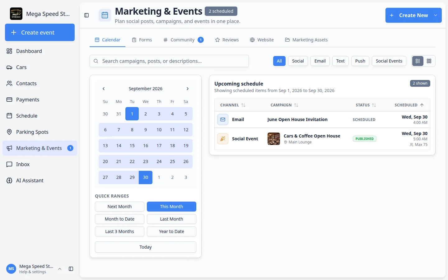 Marketing and Events calendar with Calendar, Forms, Community, Reviews, Website, and Marketing Assets tabs