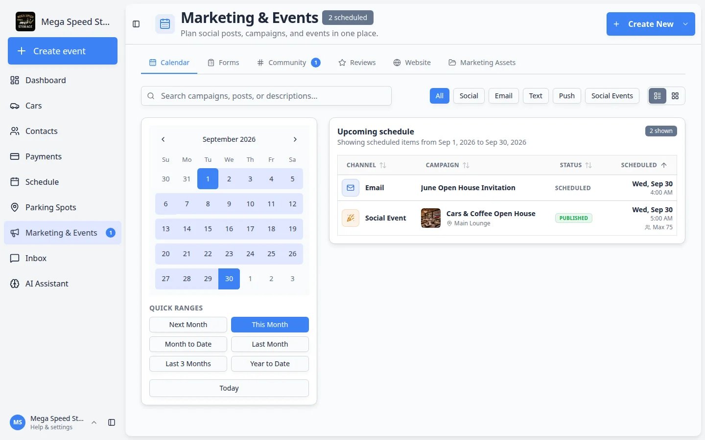Marketing and Events calendar with Calendar, Forms, Community, Reviews, Website, and Marketing Assets tabs