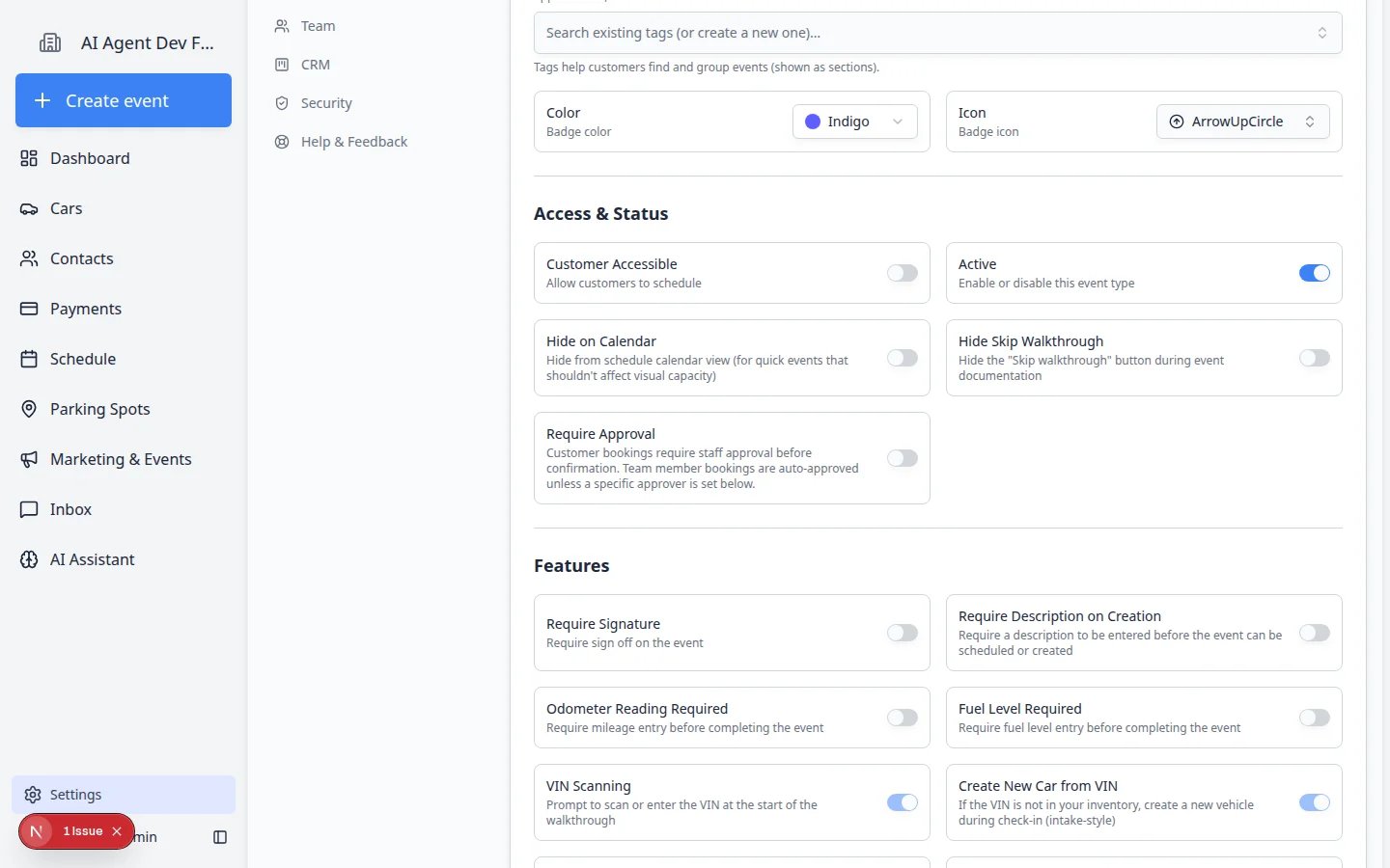 Edit Event Type page Access and Status section showing Require Approval toggle and Designated Approver dropdown