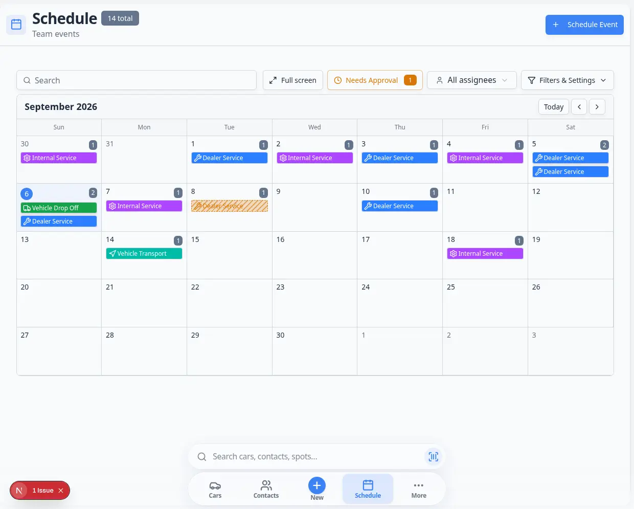 Schedule calendar showing multiple colored appointment blocks across the month for different vehicles and event types