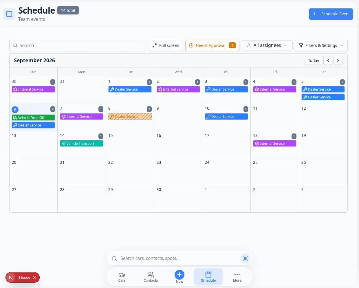 Schedule calendar showing multiple colored appointment blocks across the month for different vehicles and event types