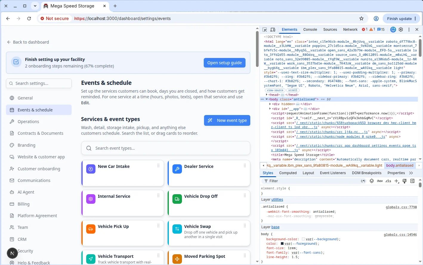 Events and schedule settings page showing Services and event types table, service plans, walkthrough photos, closed days, and default message settings