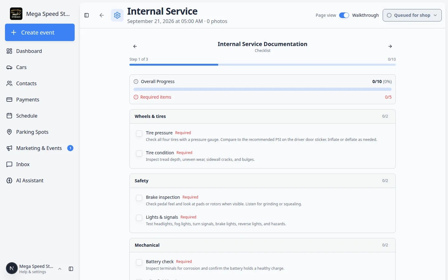 Internal Service walkthrough with Queued for shop status in the header next to the Walkthrough view switch