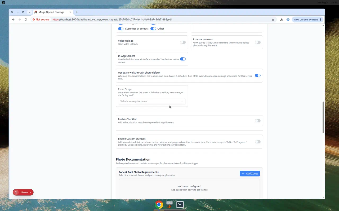 Event type editor showing Photo Documentation with required zone photos listed below the damage annotation toggle