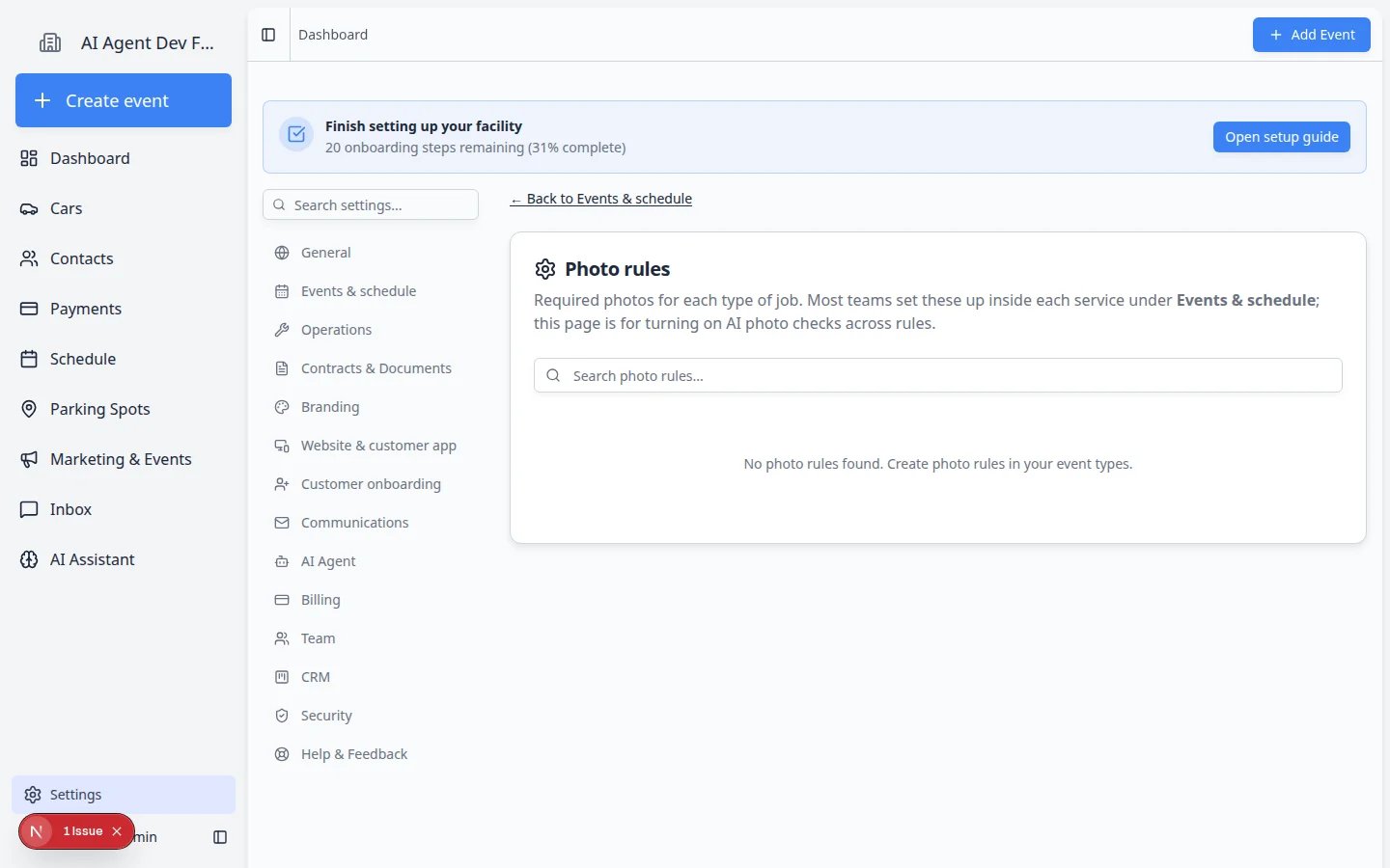 Photo rules page showing search, AI analysis status, extraction fields, and actions