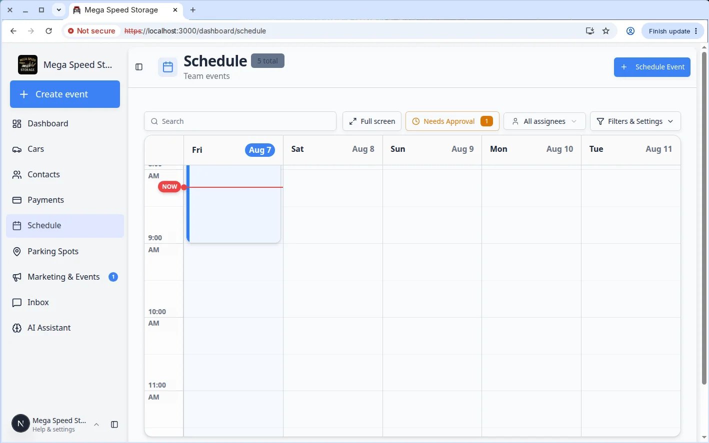 Schedule calendar with multiple colored appointment blocks showing how configured event types appear on the weekly view