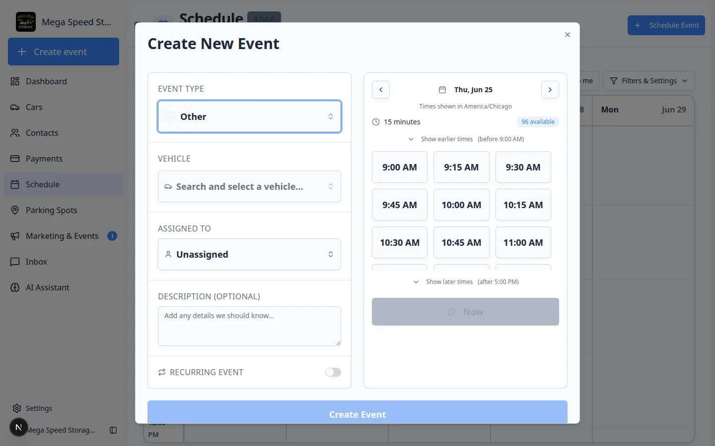 Create New Event dialog on a closed holiday date showing Unavailable or no selectable time slots