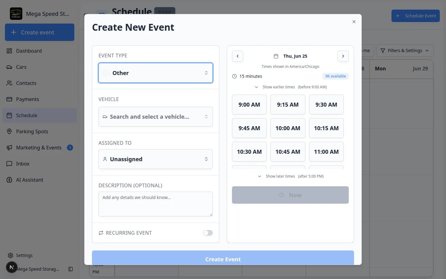 Create New Event dialog on a closed holiday date showing Unavailable or no selectable time slots